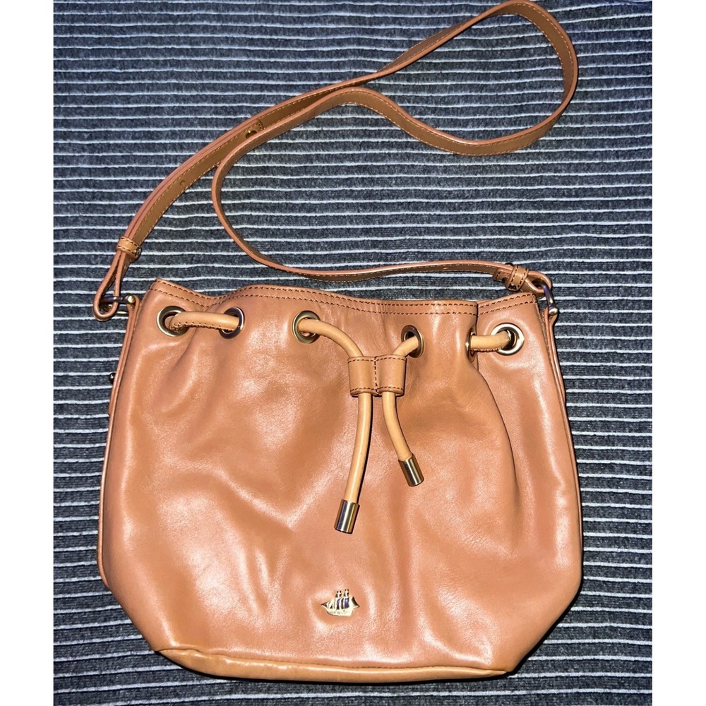 Brahmin Tan Leather Drawstring Bucket Bag Crossbody Cognac Gold Hardware